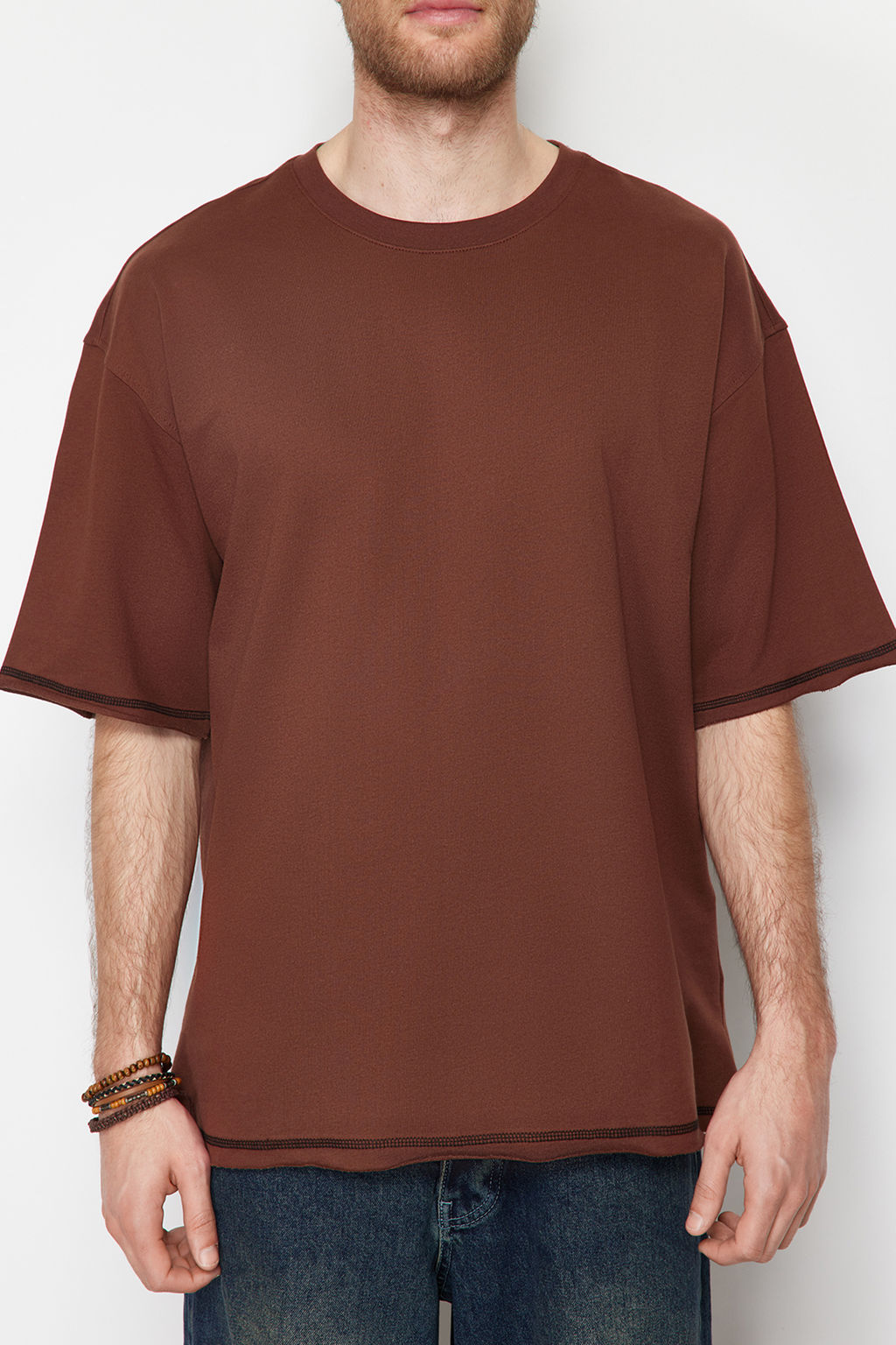 Kahverengi Oversize Dikis Detayl? %100 Pamuklu T-Shirt TMNSS24TS00094