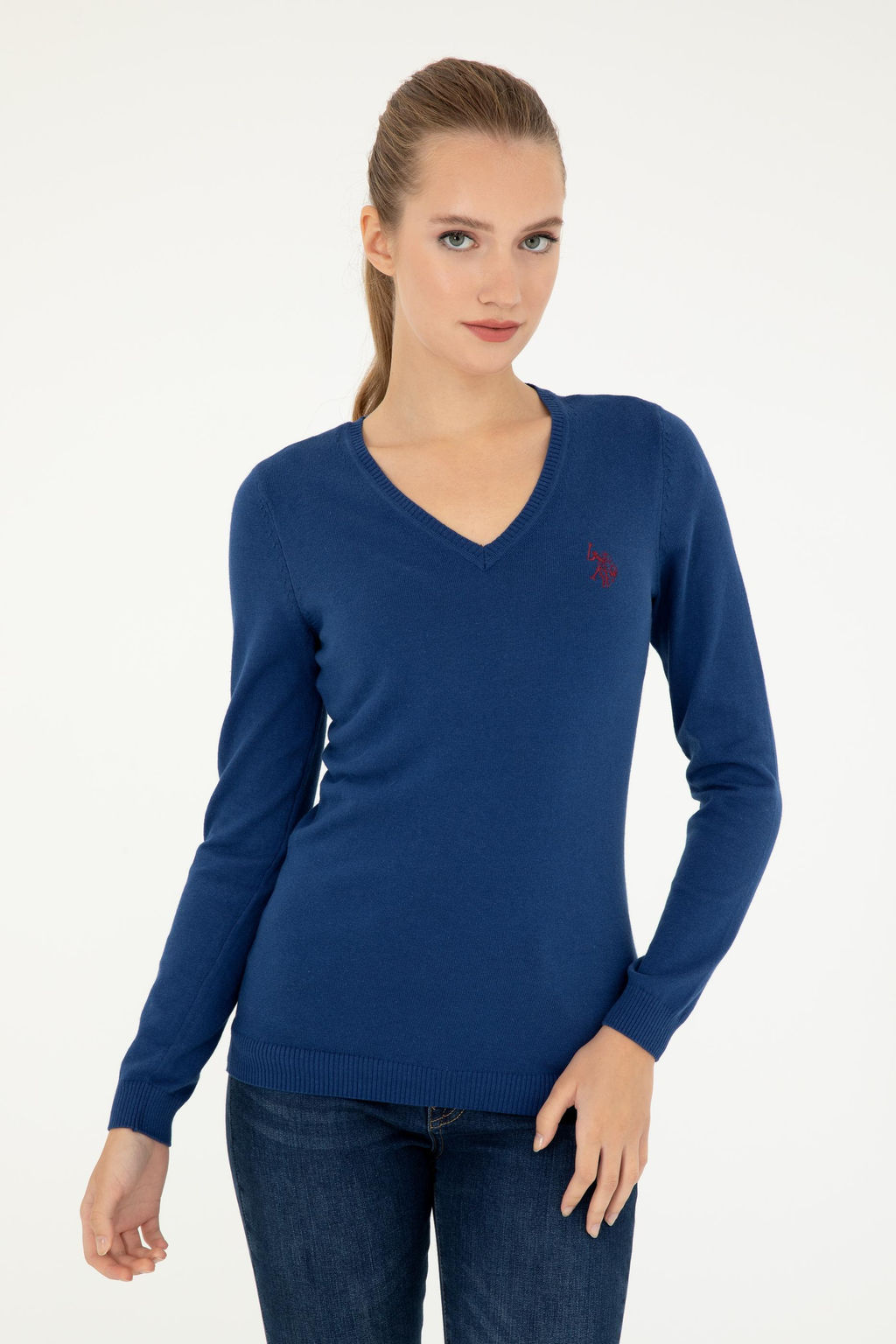Женский базовый свитер цвета индиго с v-образным вырезом Неожиданная скидка в корзине - U.s. polo assn фото 3