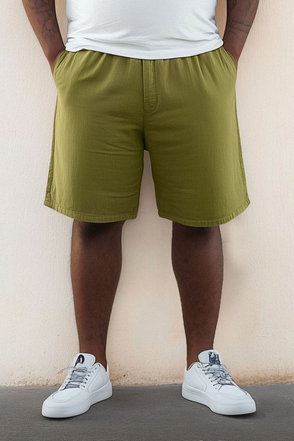 TRENDYOL MAN Haki Loose Fit Pamuklu Bagc?kl? Buyuk Beden Sort TMNSS25AP00007