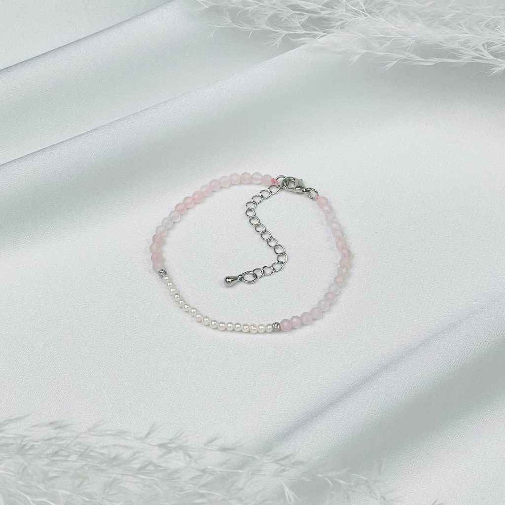 Браслет из Розового кварц а и Жемчуга 18 см +
