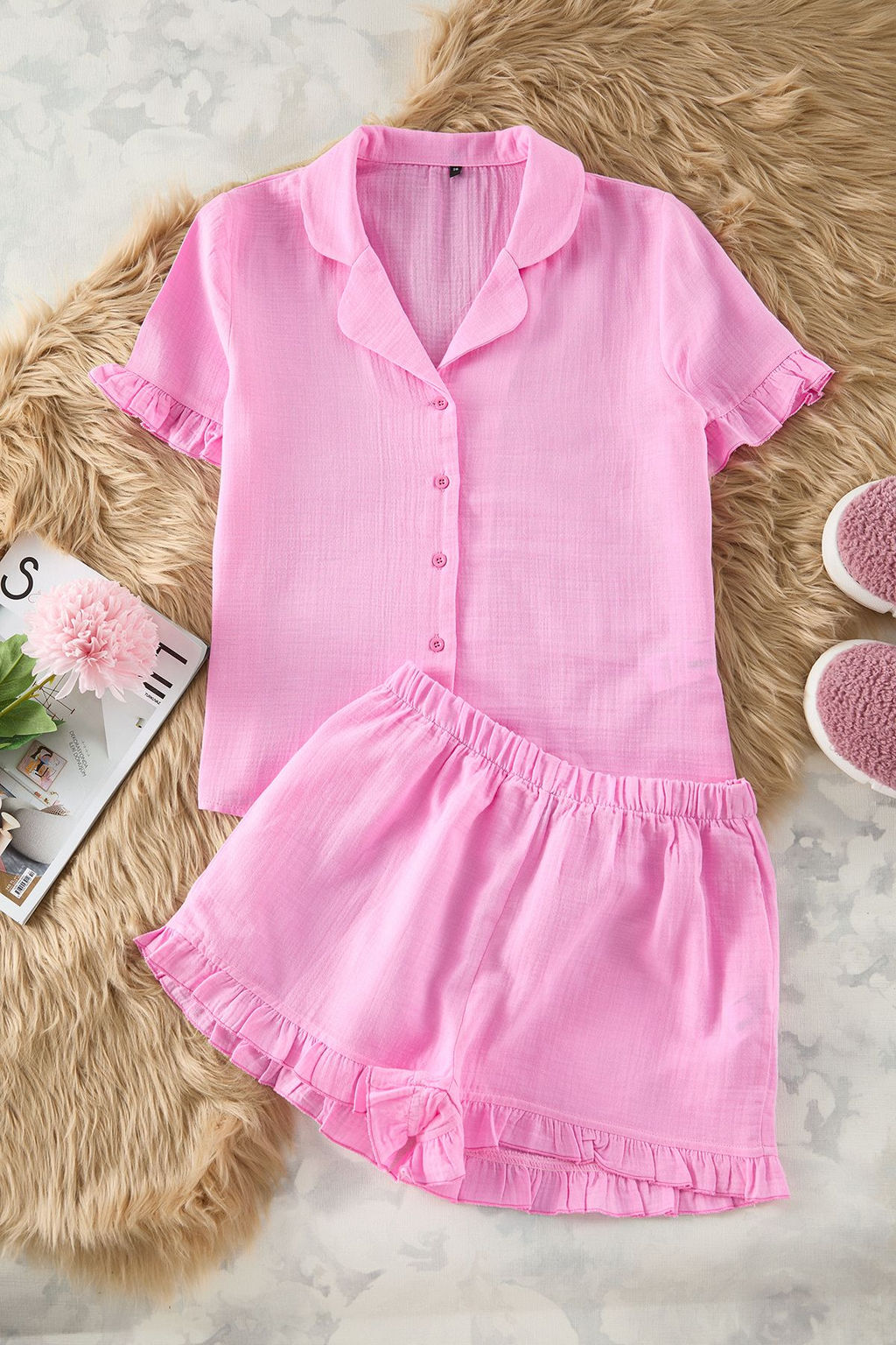 Trendyolmilla Yesil %100 Pamuklu F?rf?rl? Muslin Sortlu Dokuma Pijama Tak?m? THMSS25PT00034  фото 6