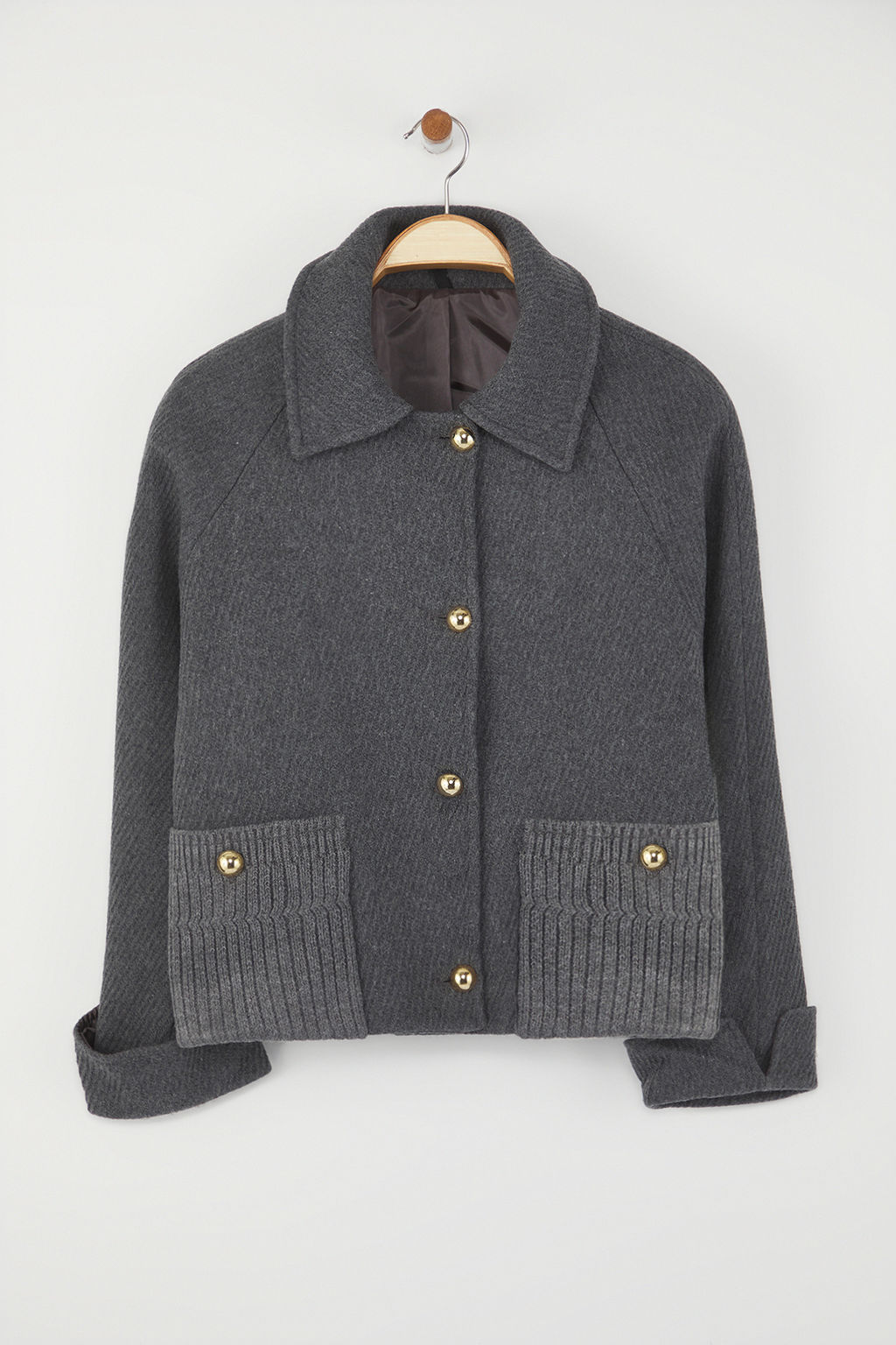 Gri Regular Kal?p Kase Triko Cep Detayl? Ince Ceket Mont TWOAW26MO00113 - Trendyolmilla фото 2