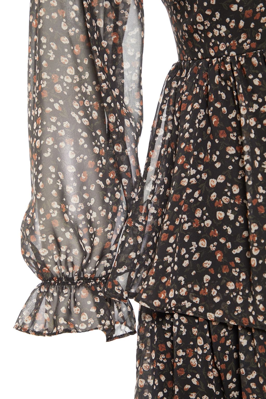 Siyah Cicek Desenli Belden Ac?lan Volanl? Astarl? Dokuma Elbise TWOAW23EL01455