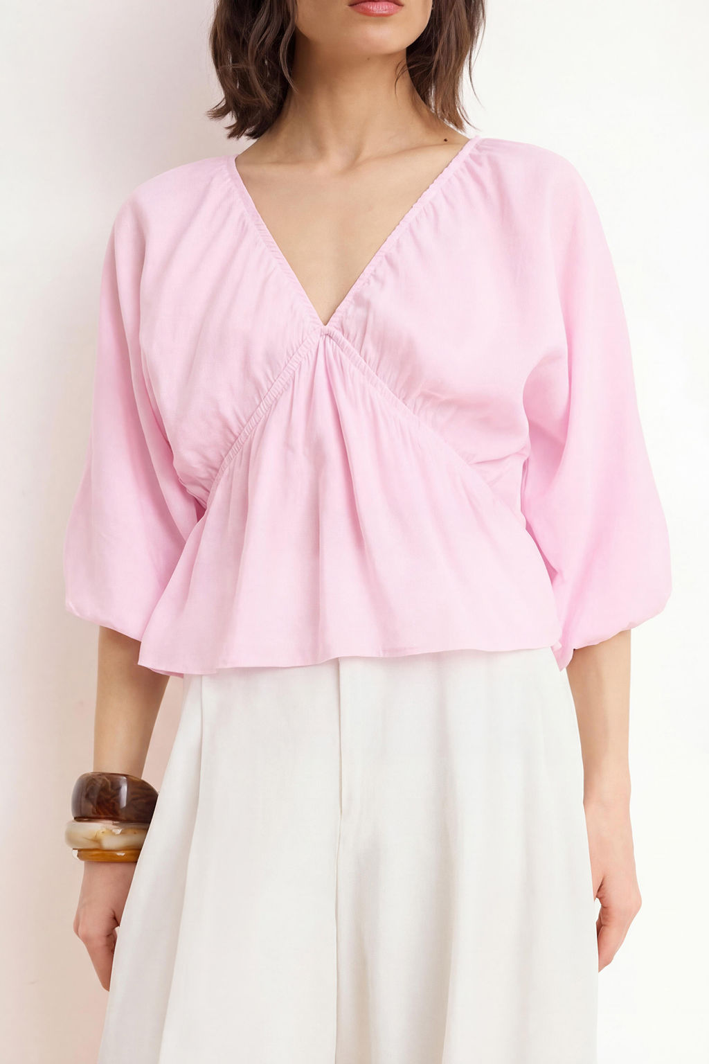 Pembe Lastikli V Yaka Rahat Dokuma Bluz TWOSS26BZ00399