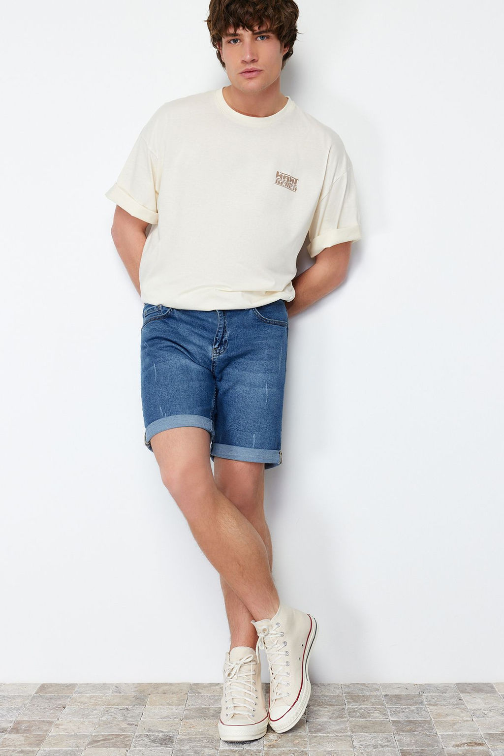 TRENDYOL MAN Mavi Slim Fit T?rm?k Destroylu Denim Kot Sort TMNSS21SR0727 - Trendyolmilla фото 9