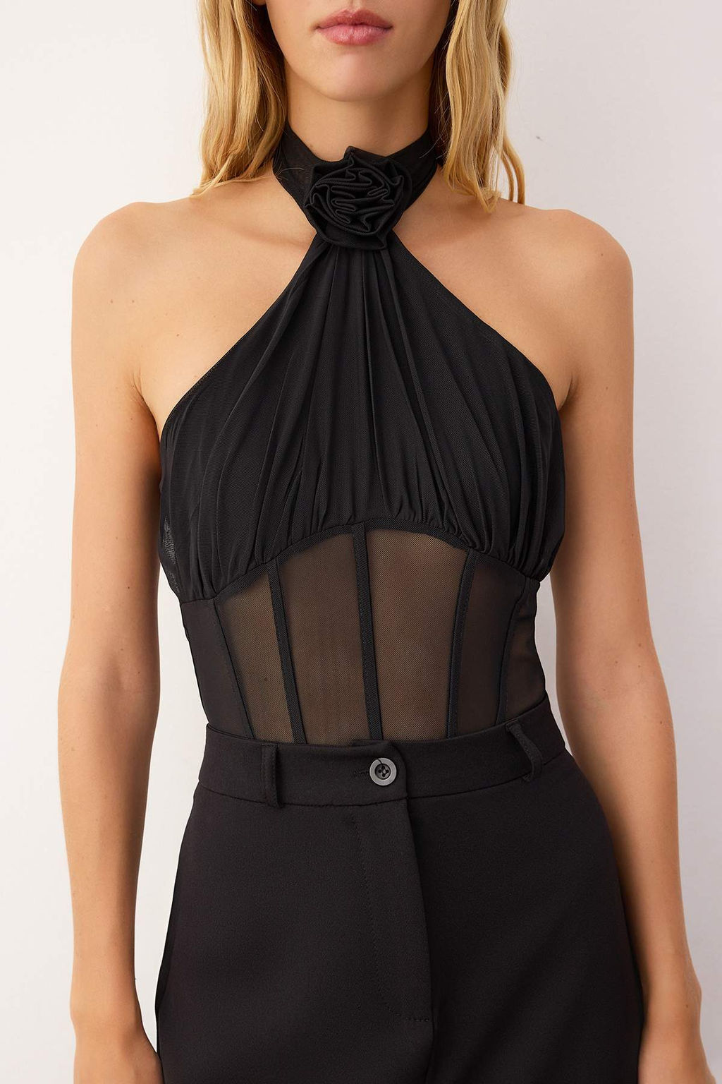Siyah Boyundan Baglamal? Gul Detayl? Orme Tul Body TPRAW26BD00005 - Trendyolmilla фото 3
