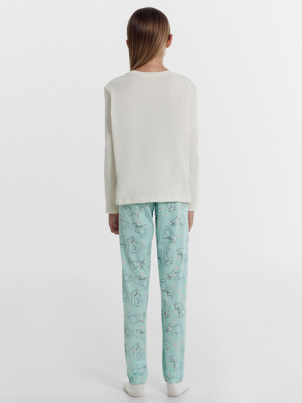 Комплект для девочек (джемпер, брюки) бежево-голубой с котиками - Mark formelle фото 4