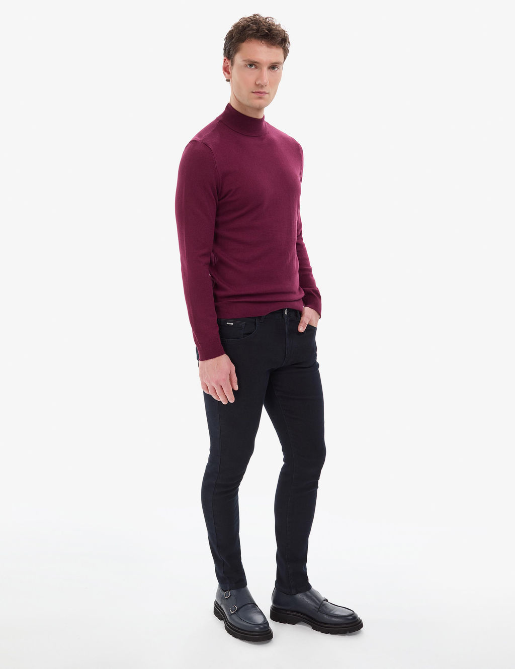 Bordo Slim Fit Yar_m Bal_k__ Yaka Basic Triko Kazak
