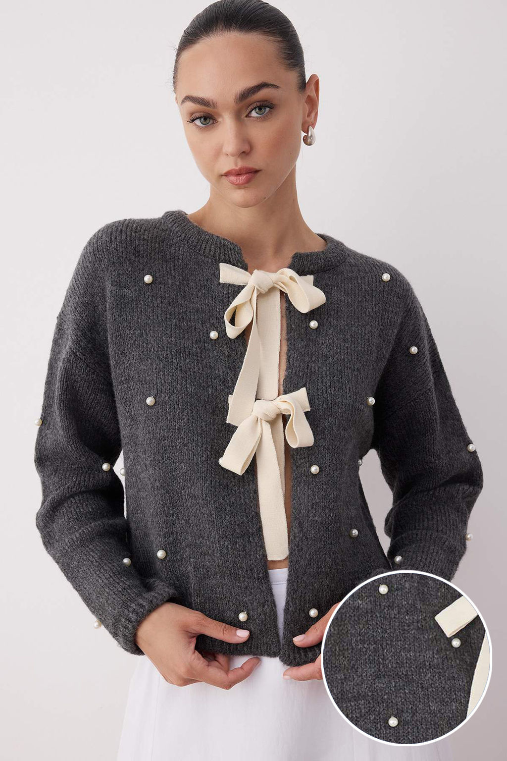 Gri Kurdele Baglamal? Incili Genis Kal?p Yumusak Dokulu Triko H?rka TWOAW26HI00050 - Trendyolmilla фото 7