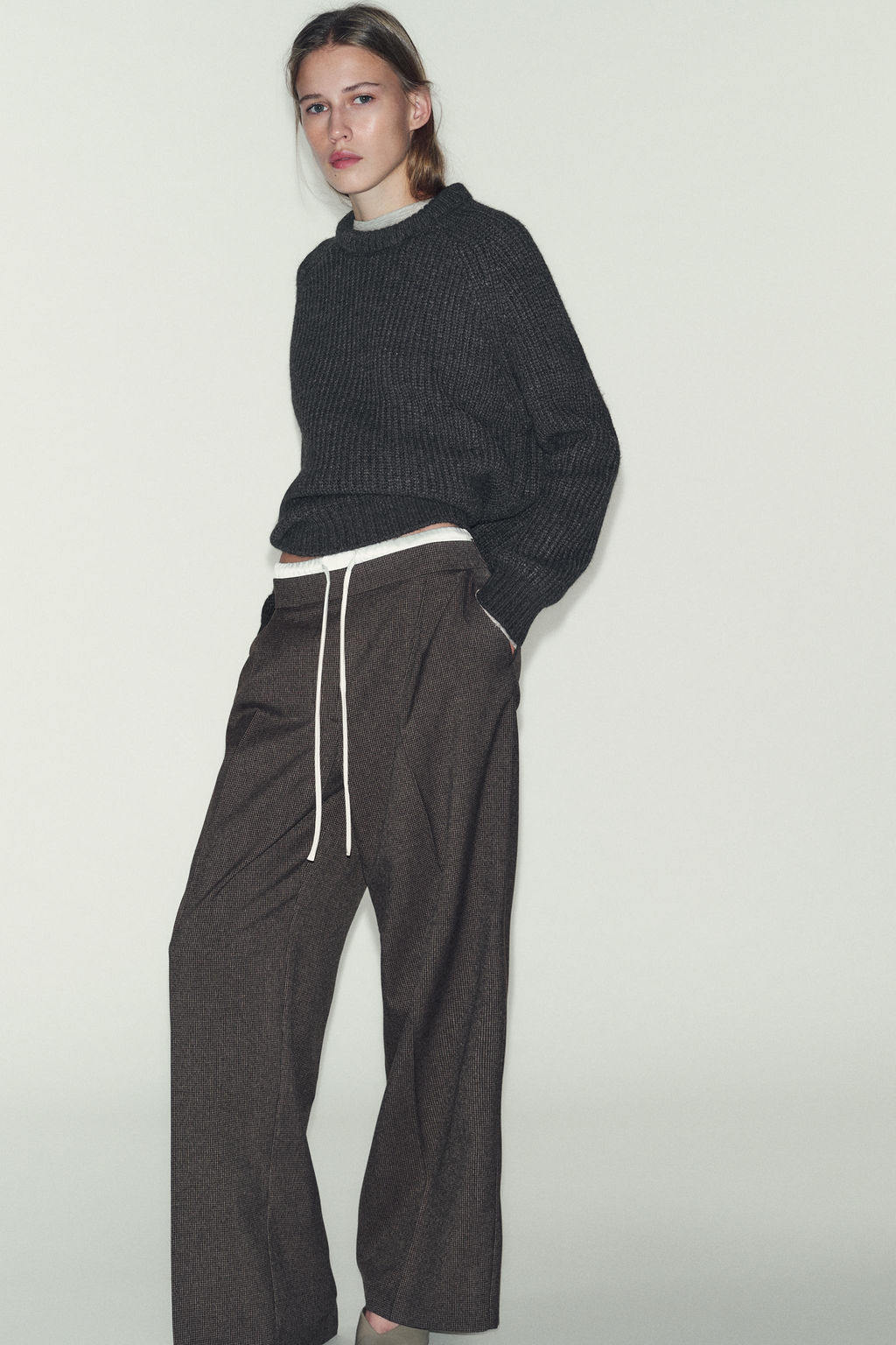 HOUNDSTOOTH WIDE-LEG TROUSERS WITH DOUBLE WAISTBAND