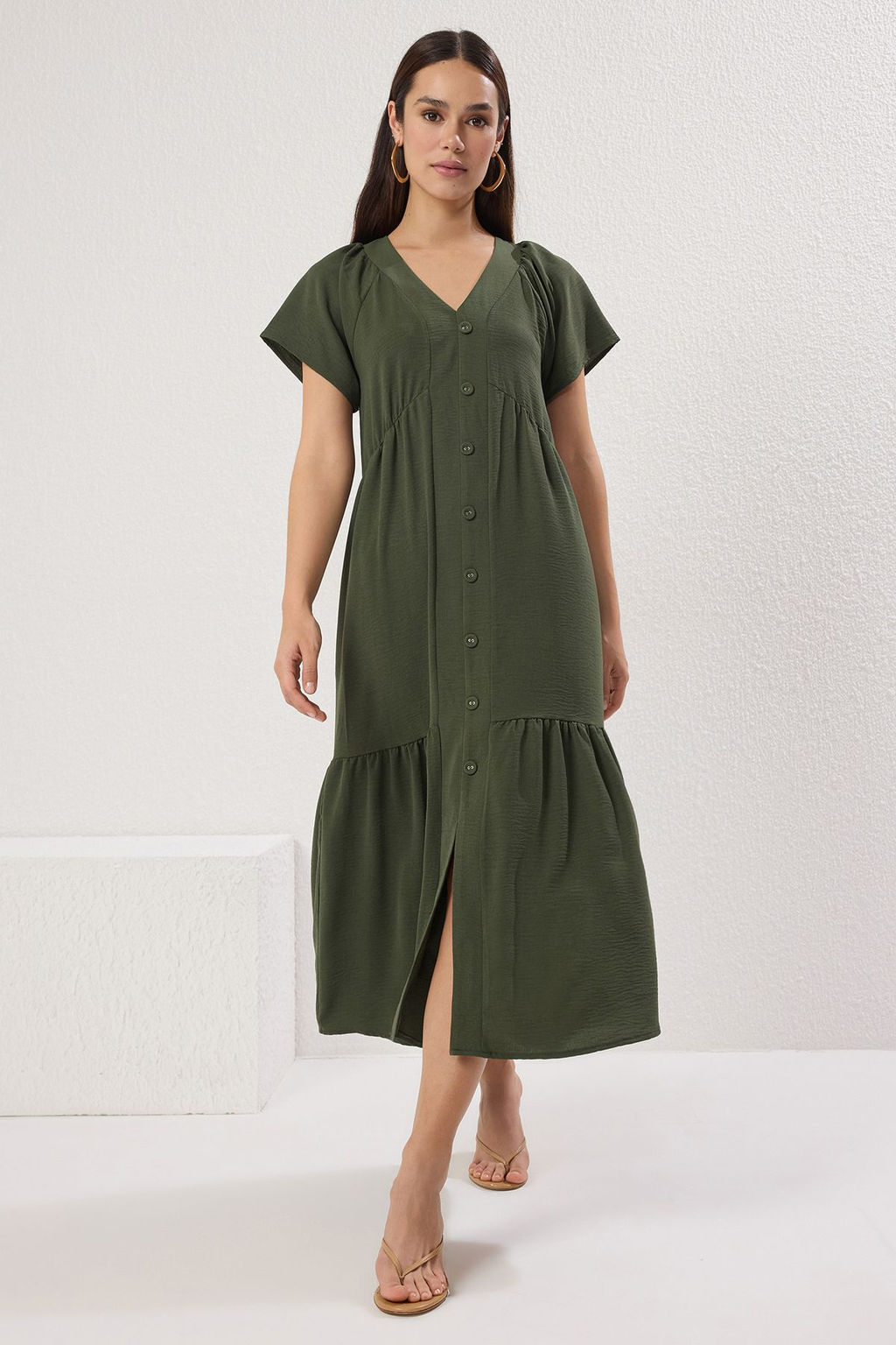 Haki Duz Midi Dokuma Elbise TWOSS25EL00629