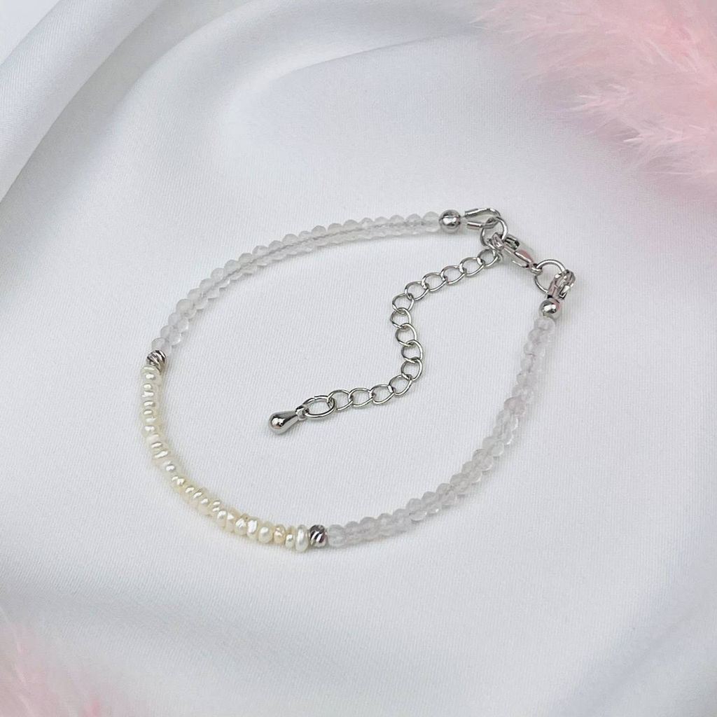 Браслет из Розового кварца и Жемчуга 17,5 см +