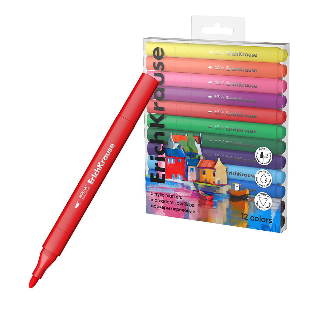 Цена за 12 шт. Маркеры акриловые ErichKrause Art Spirit c пулевидным наконечником 12 цветов (в ПЭТ-боксе с европодвесом 12 шт)