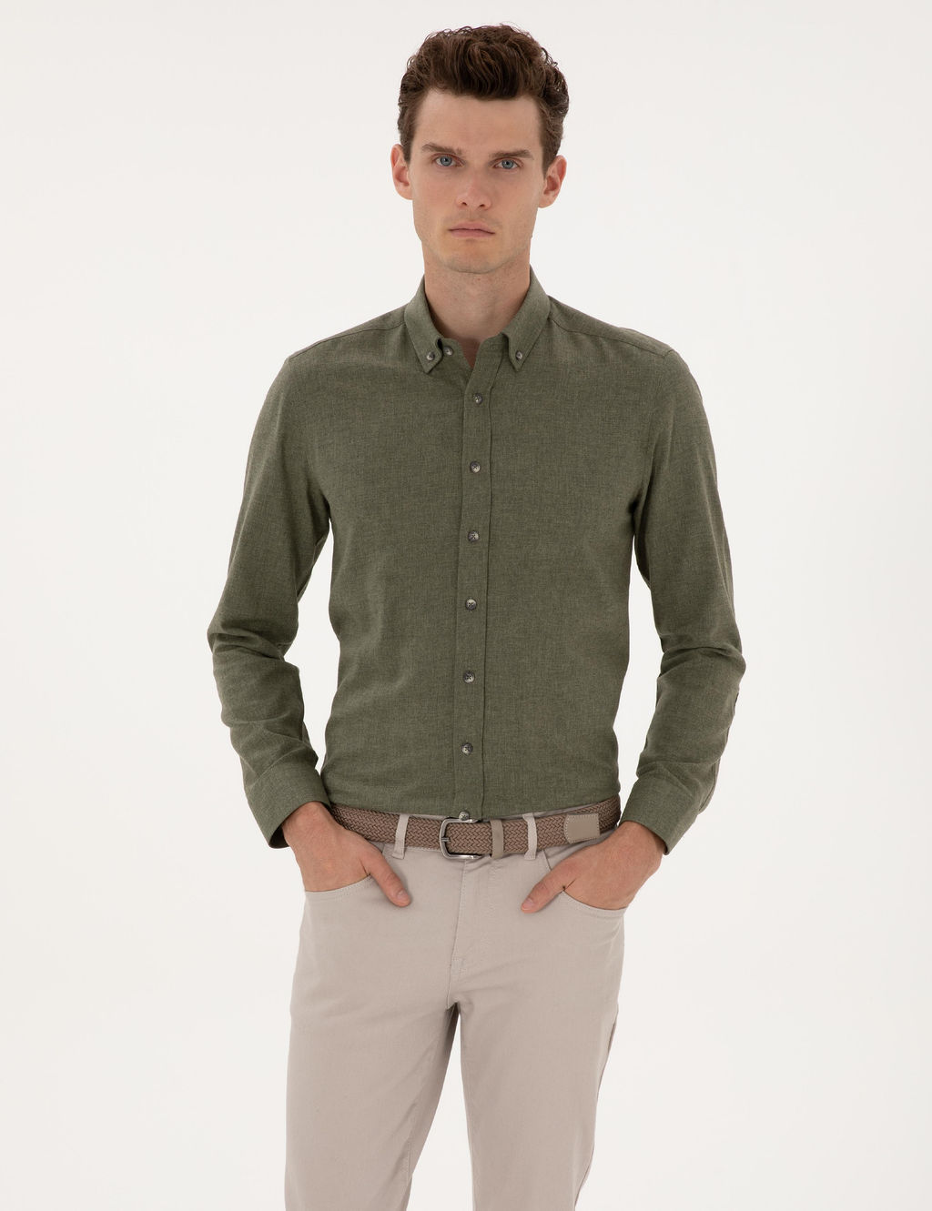Haki Flanel Dokulu Slim Fit Uzun Kollu G_mlek - Pierre cardin фото 3