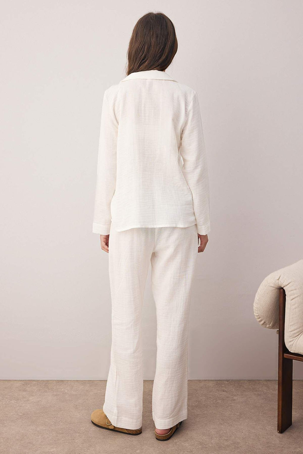 Ekru %100 Pamuklu Cepli Muslin Kumas Dokuma Pijama Tak?m? THMAW26PT00023 - Trendyolmilla фото 4