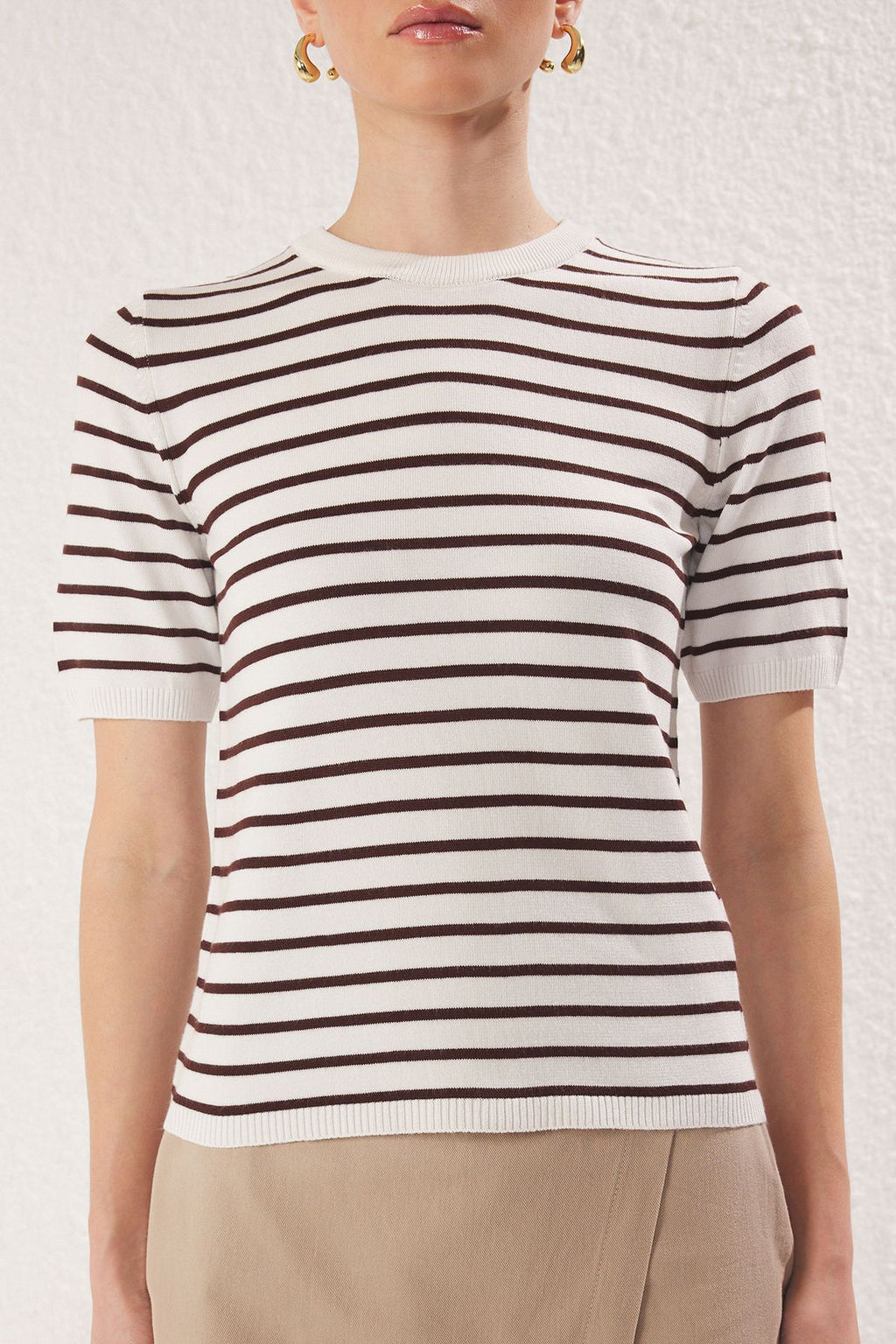 Trendyolmilla Ekru Cizgili Basic Viskon Kar?s?ml? Triko Ince Bluz TWOSS25BZ00488  фото 8