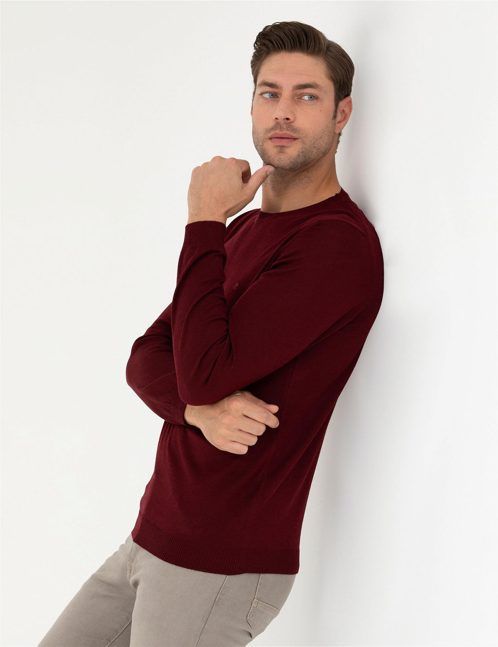 K_rm_z_ Slim Fit Bisiklet Yaka Y_n Kar___ml_ Basic Triko Kazak - Pierre cardin фото 3