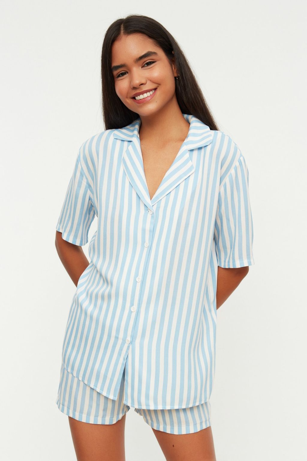 Trendyolmilla Pembe Cizgili Viskon Ustu Genis Kal?p Sortlu Dokuma Pijama Tak?m? THMSS21PT0179  фото 8