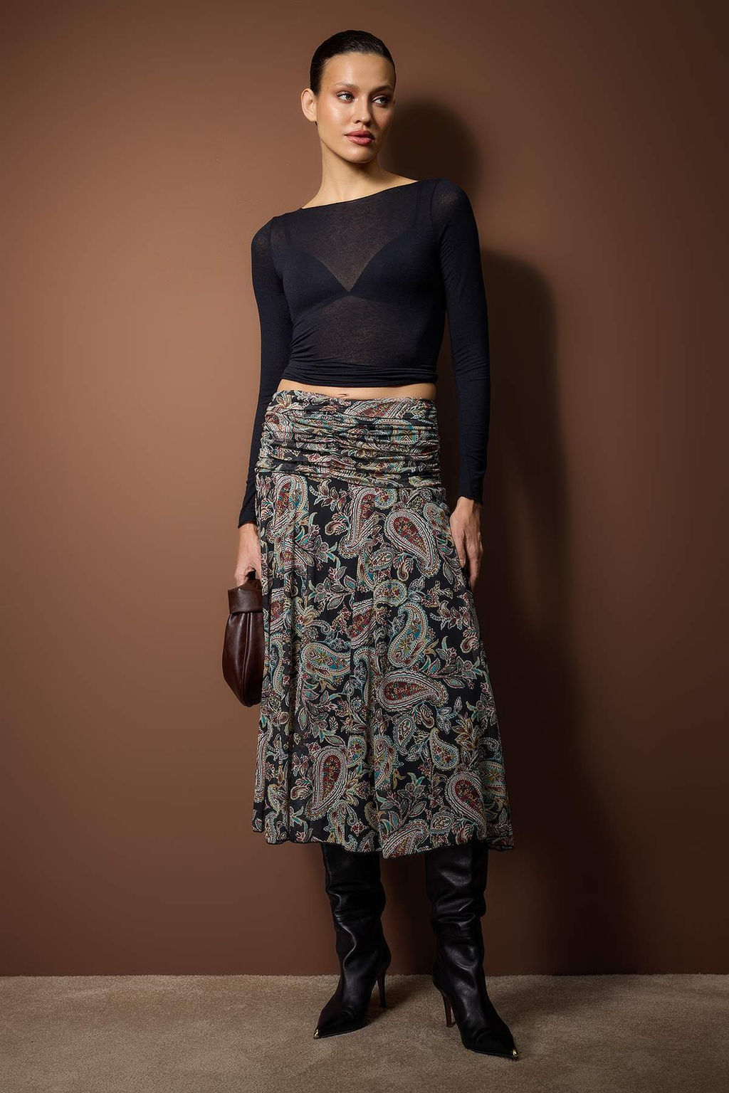 Cok Renkli Maxi Buzgu/Drape Detayl? Boho/Boho Chic Baskl?l? Tul Esnek Orme Etek TWOAW26ET00122