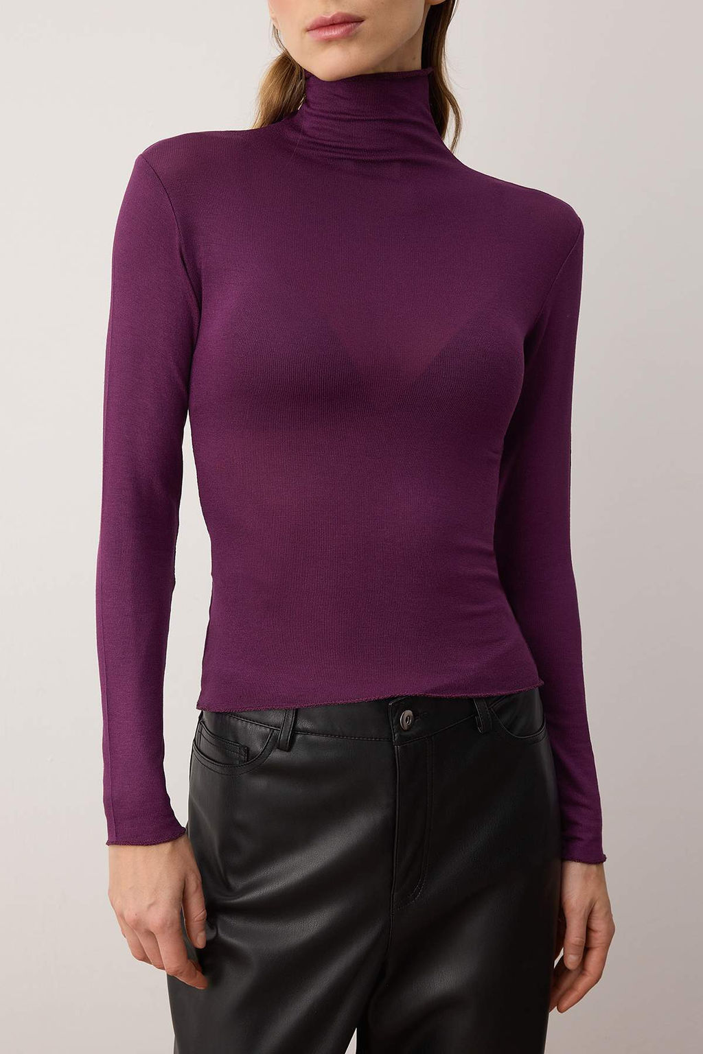 Mor Transparan Dik Yaka Esnek Normal Boy Orme Bluz TWOAW26BZ00266