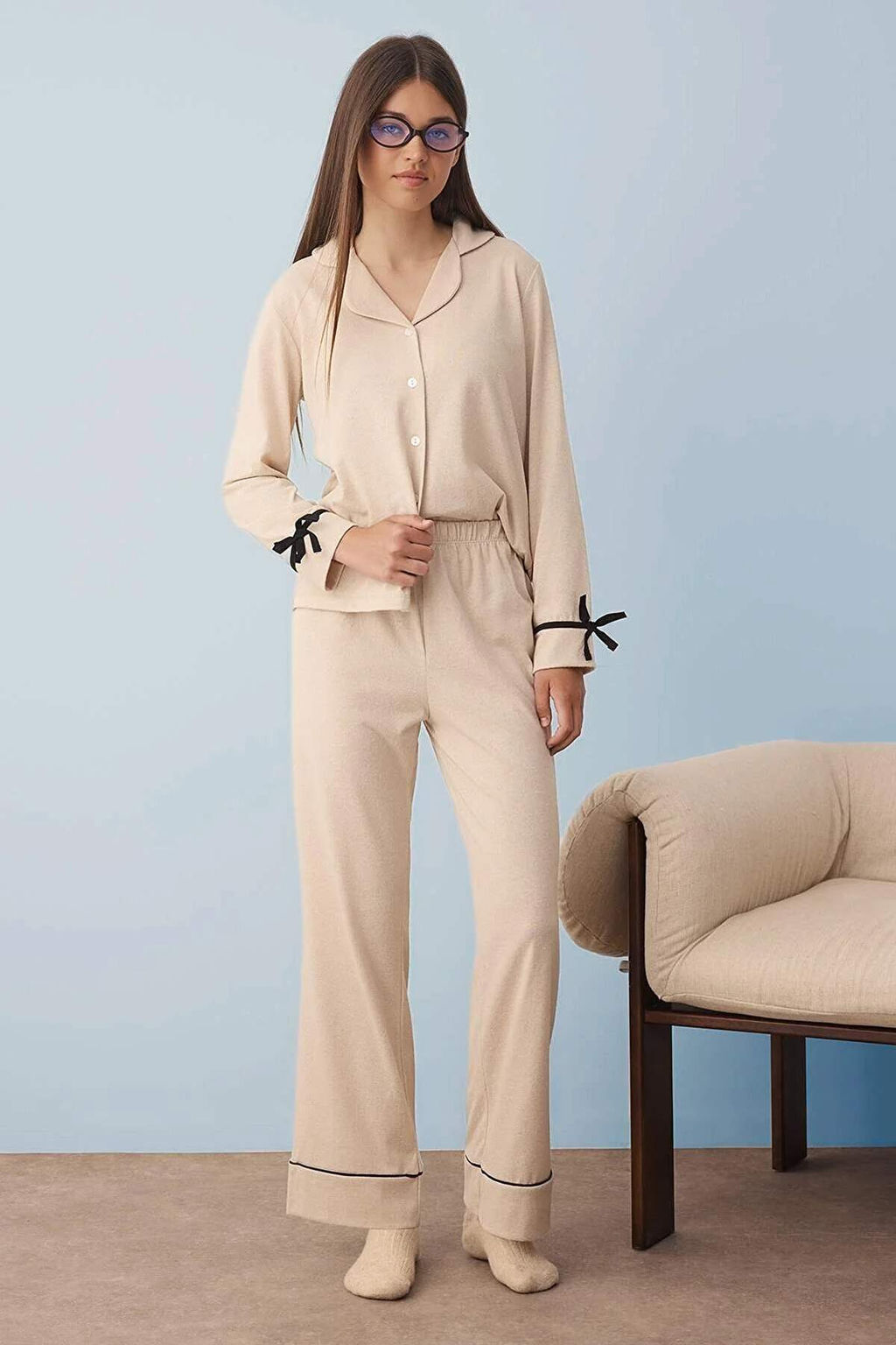 Bej Pamuklu Kurdele/Fiyonklu ve Biyeli Orme Pijama Tak?m? THMAW26PT00004