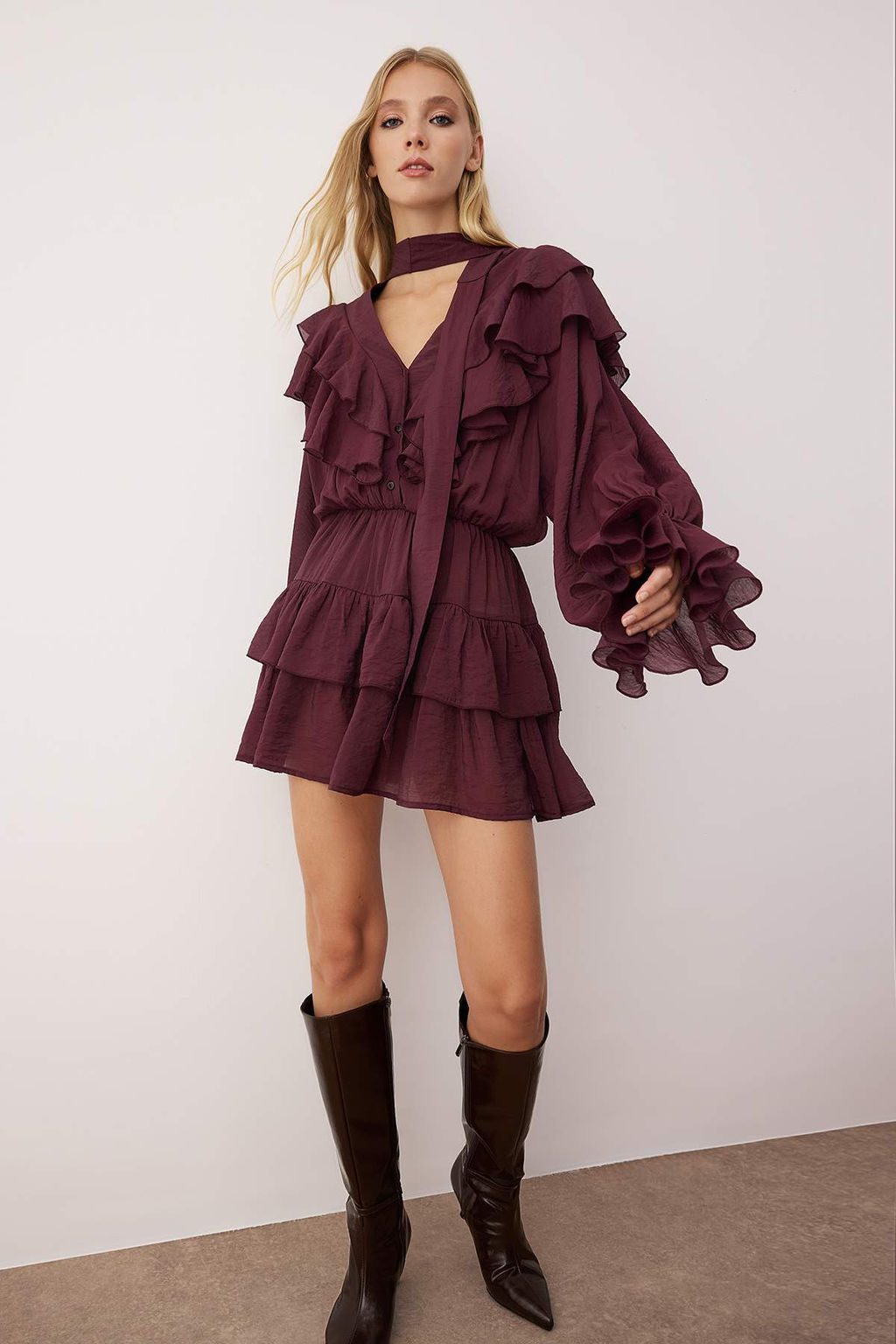 Bordo F?rf?r Detayl? Boho K?sa / Mini Dokuma Elbise TWOAW26EL00309