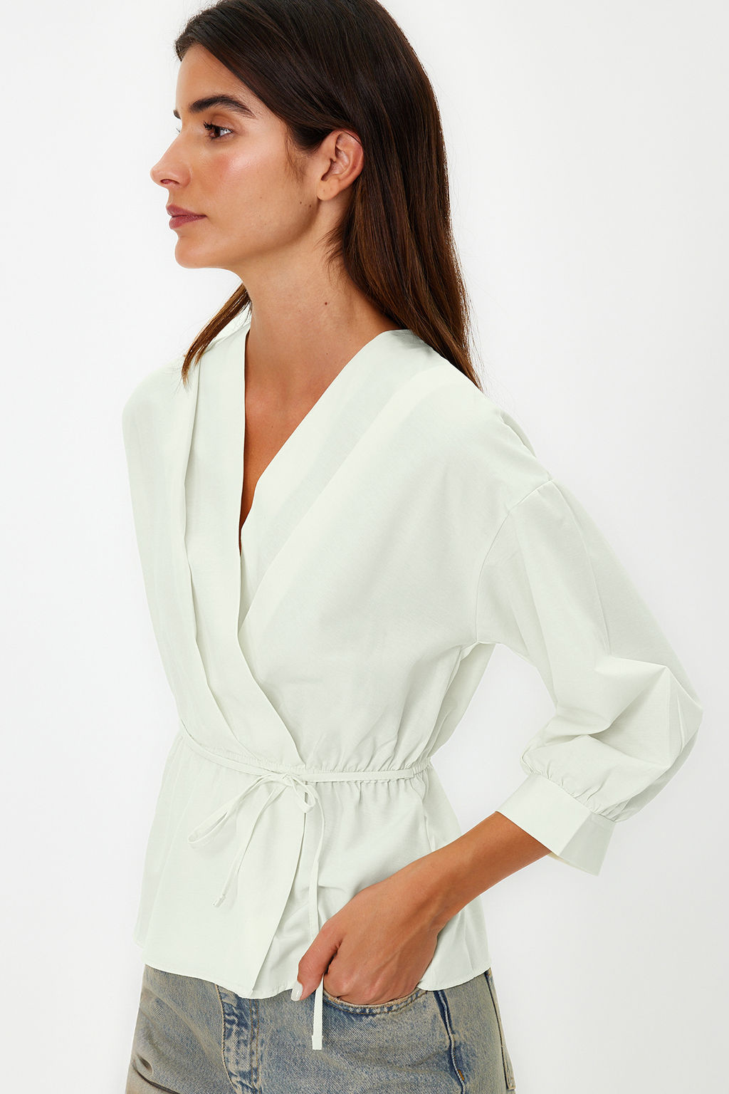 Tas Kruvaze Baglama Detayl? Dokuma Bluz TWOSS21BZ0287