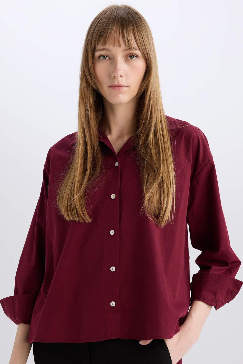 Oversize Genis Kal?p Poplin Basic Duz Uzun Kollu Gomlek - Defacto фото 4