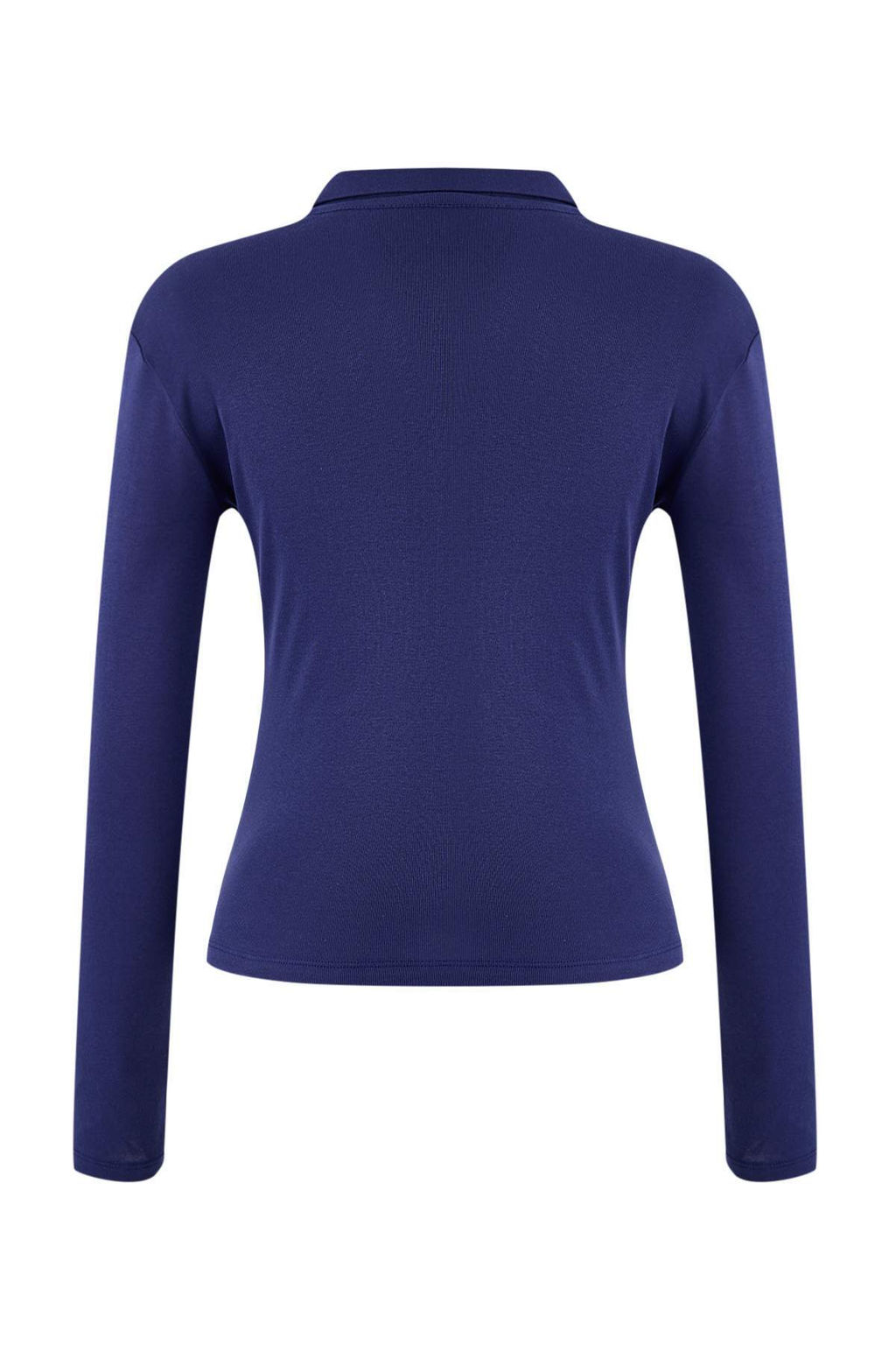 Lacivert Fitted/Vucuda Oturan Polo Yaka Dugmeli Uzun Kollu Pamuk Ribana Orme Bluz TWOSS26BZ00066