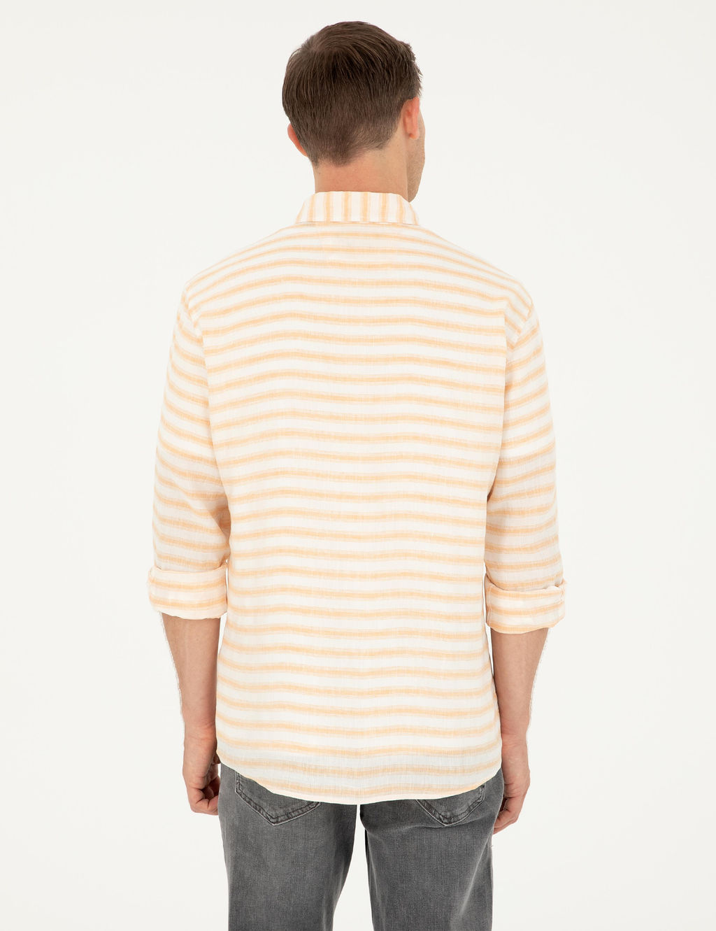 Turuncu Keten Kar___ml_ Slim Fit Uzun Kollu G_mlek