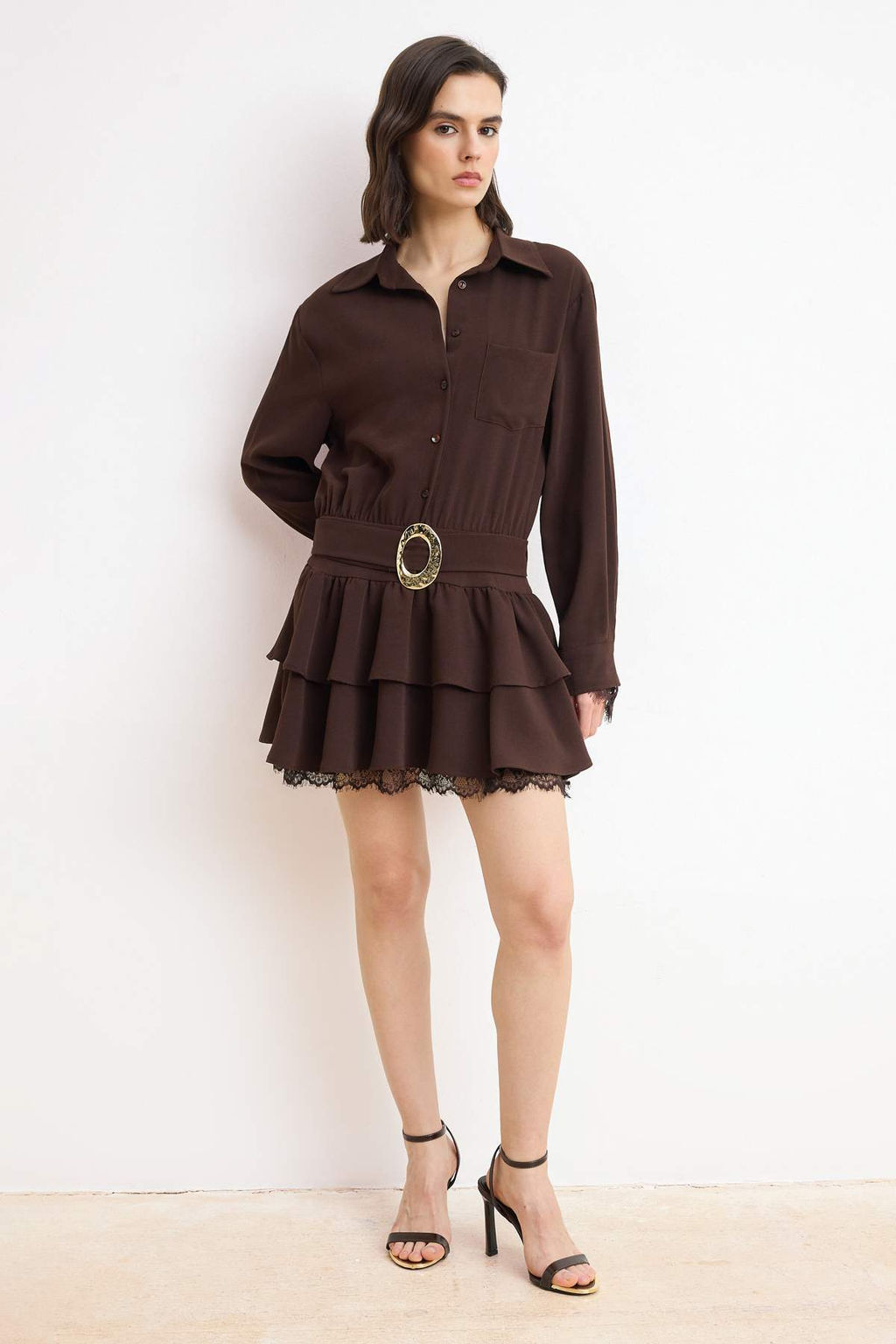 Kahverengi Kemerli Dantel Detayl? Dokuma Gomlek Yaka Elbise TWOSS26EL00613 - Trendyolmilla фото 2