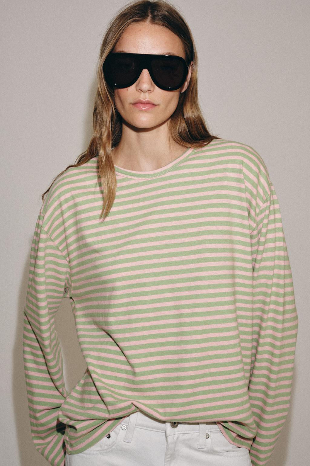 CAMISETA ALGOD?N Y LINO RAYAS / Rosa pastel - Zara фото 31