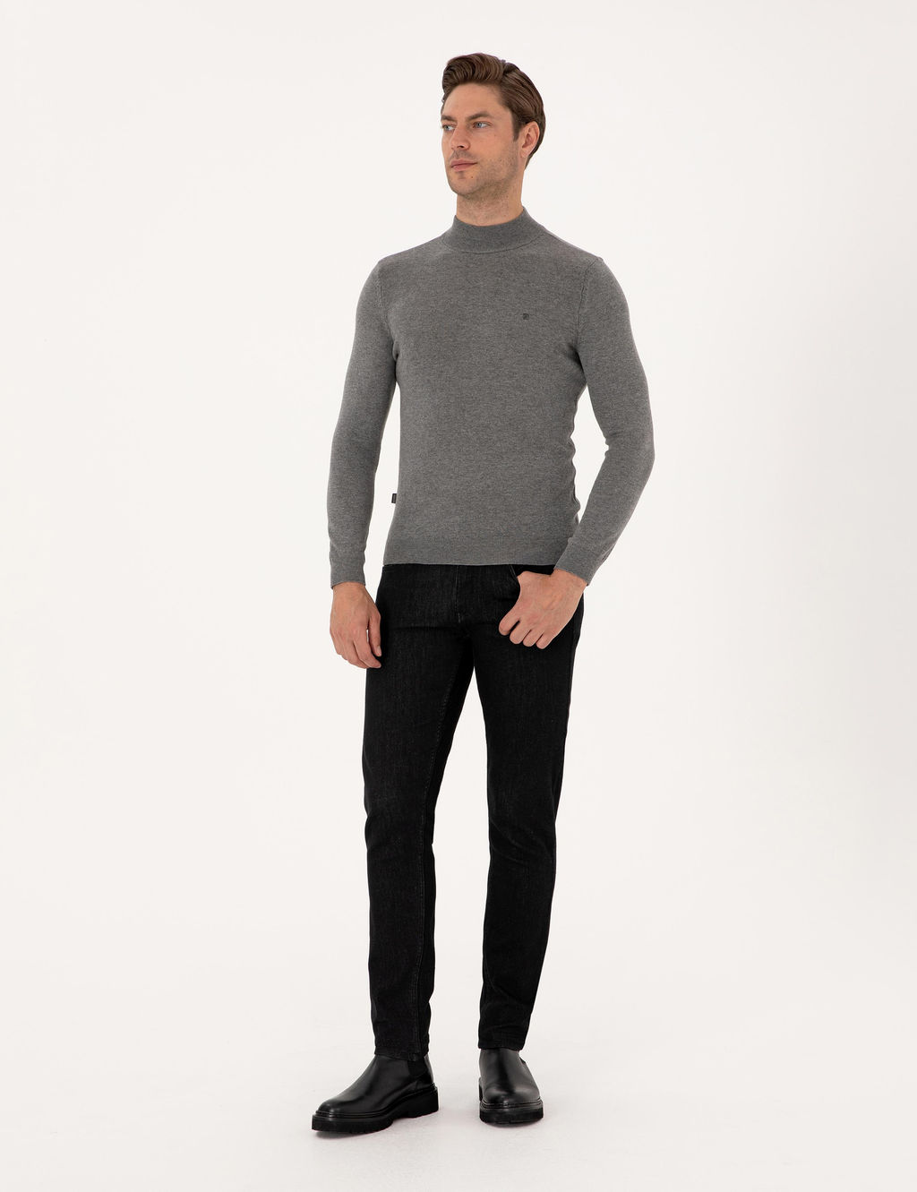 Gri Melanj Slim Fit Yar_m Bal_k__ Yaka Basic Triko Kazak - Pierre cardin фото 4