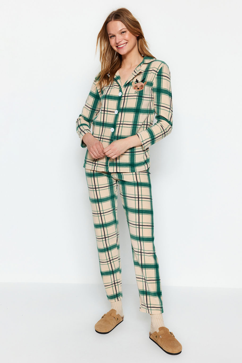 Trendyolmilla Yesil Nak?sl? Ekoseli Polar K?sl?k Orme Pijama Tak?m? THMAW24PT00175  фото 3