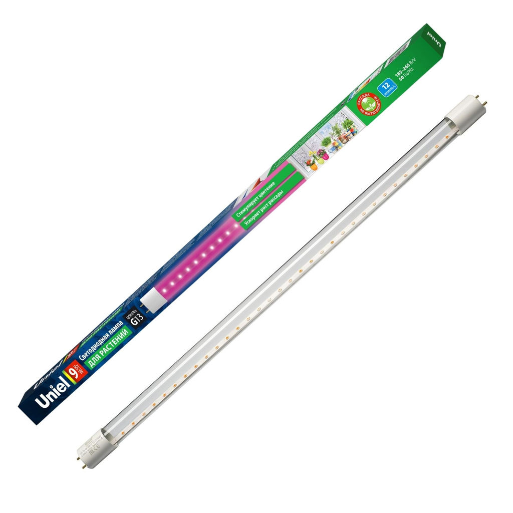 LED-T8-9W/SPSB/G13/CL PLP30WH Лампа светодиодная для растений. Форма "T8", прозрачная. Спектр для рассады и цветения. ТМ Uniel.