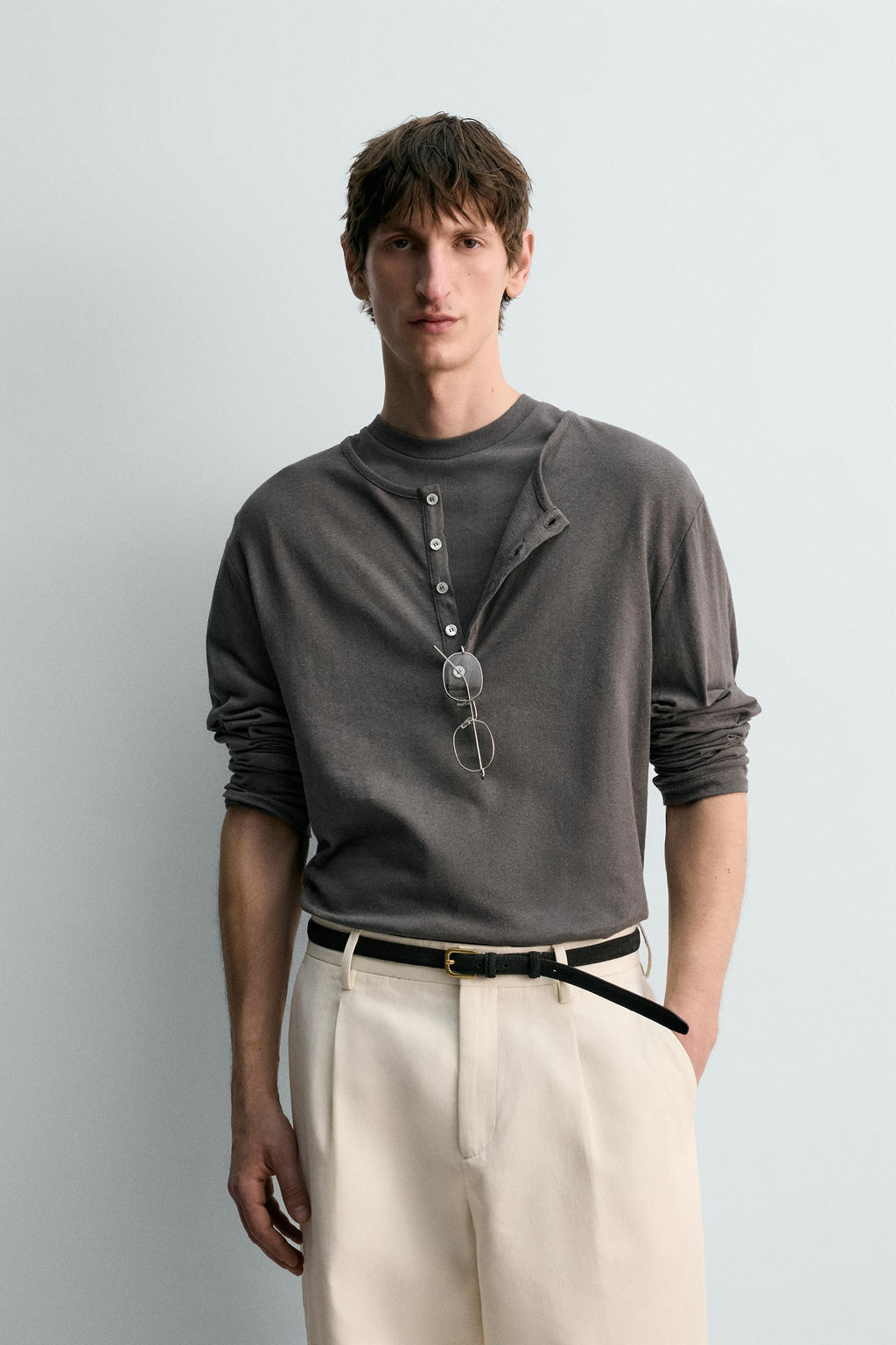 CAMISETA CUELLO PANADERO ALGOD?N - LINO LIMITED EDITION / Gris oscuro - Zara фото 2