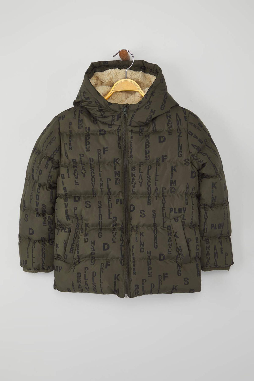 Haki Geometrik Bask?l? Kal?n Kapusonlu Regular Erkek Cocuk Mont TKDAW26MO00010 - Trendyolmilla фото 4