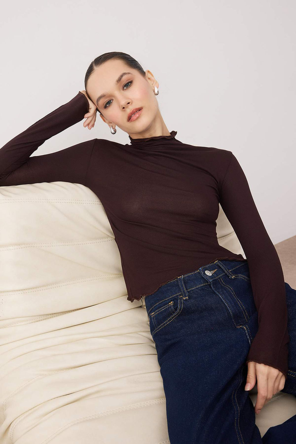 Kahverengi Transparan Dik Yaka Esnek Normal Boy Orme Bluz TWOAW26BZ00266