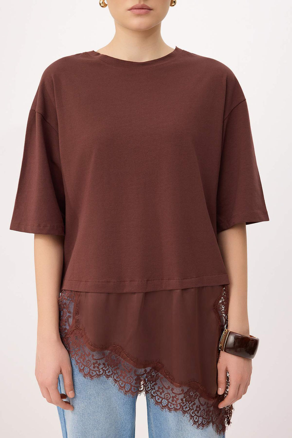 Siyah Oversize/Genis Kal?p Asimetrik Dantel Detayl? %100 Pamuk Orme T-shirt TWOSS26TS00296 - Trendyolmilla фото 7