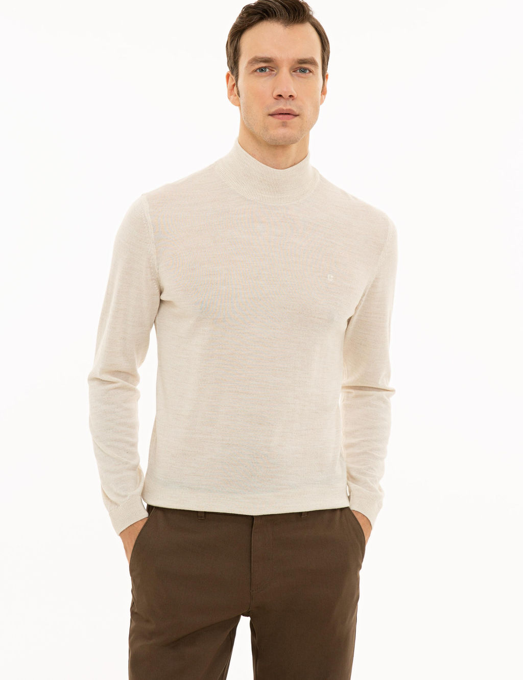 Bej Slim Fit Yar_m Bal_k__ Basic Triko Kazak