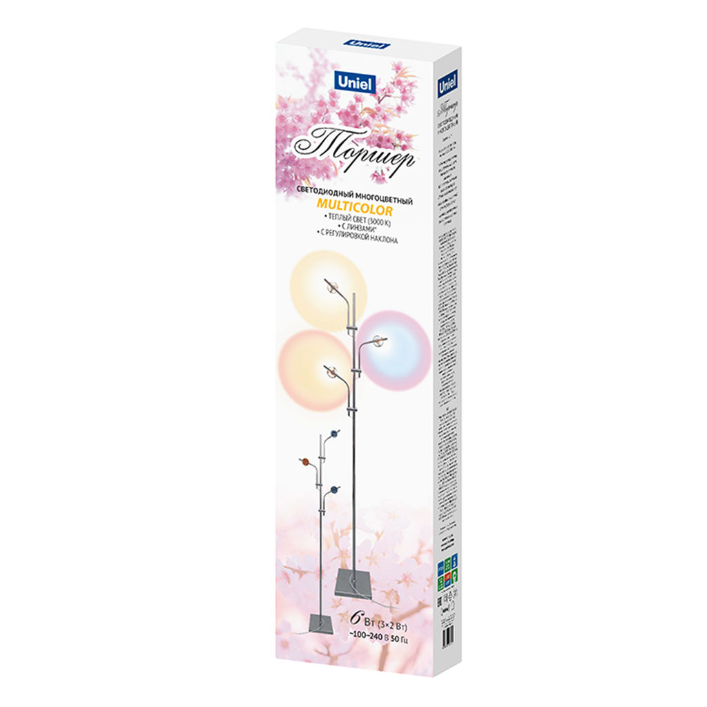 ULM-T641 3x2W/3000K CHROME MULTICOLOR Торшер напольный светодиодный, c регулировкой наклона, с линзами. Сменные светофильтры в/к. Механический выключатель. Металл. Хром. ТМ Uniel - Volpe фото 3