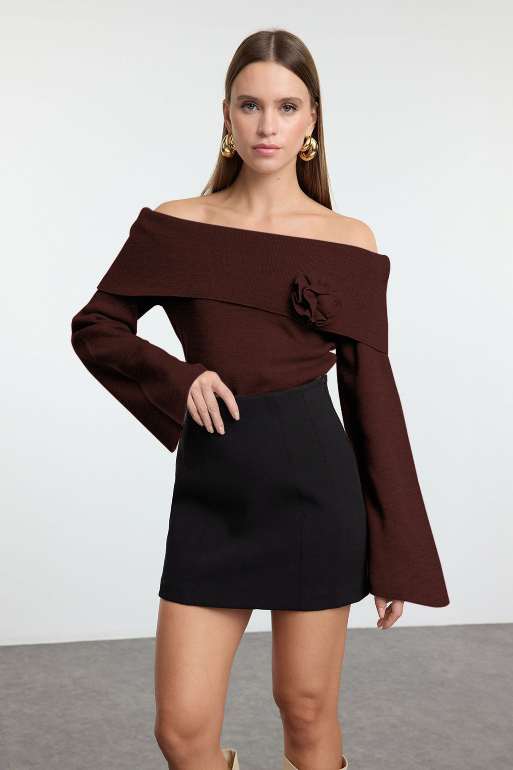 Bordo Gul Detayl? Carmen Yaka Triko Kazak TWOAW25KZ00373 - Trendyolmilla фото 18