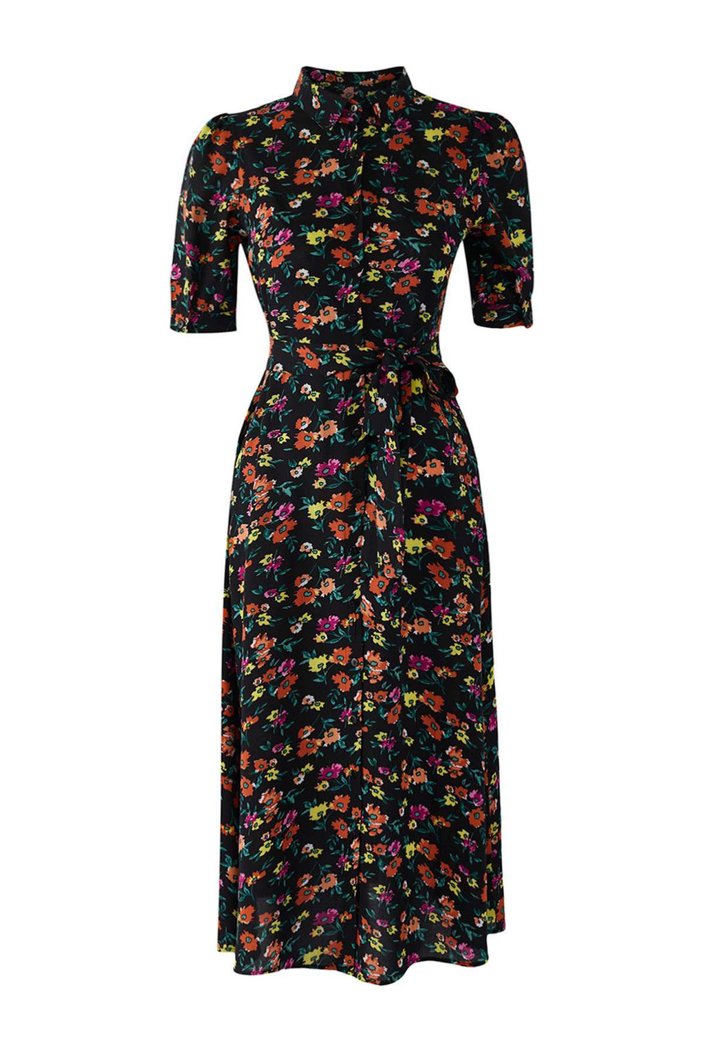 Siyah Cicek Desenli Kusakl? Midi Dokuma Viskon Gomlek Elbise TWOSS20EL1559