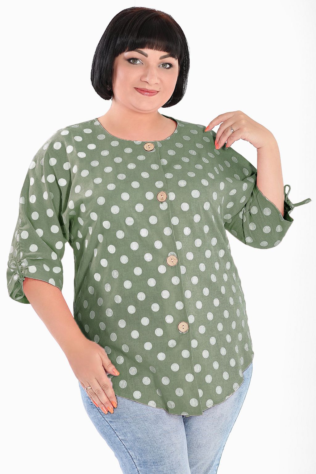 Пыльник больших размеров женский летний зеленый в горох