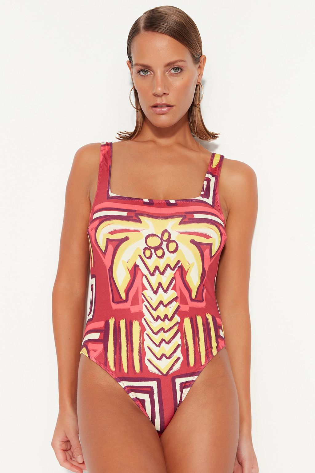 Tropikal Desenli Kare Yaka Normal Paca Mayo TBESS23MA00338