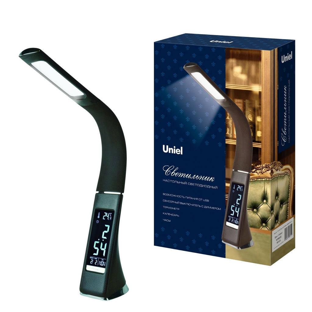 TLD-542 Black/LED/300Lm/5000K/Dimmer Светильник настольный c часами, календарем, термометром, 5W. Сенсорный выключатель. Черный (стилизован под кожу). TM Uniel.