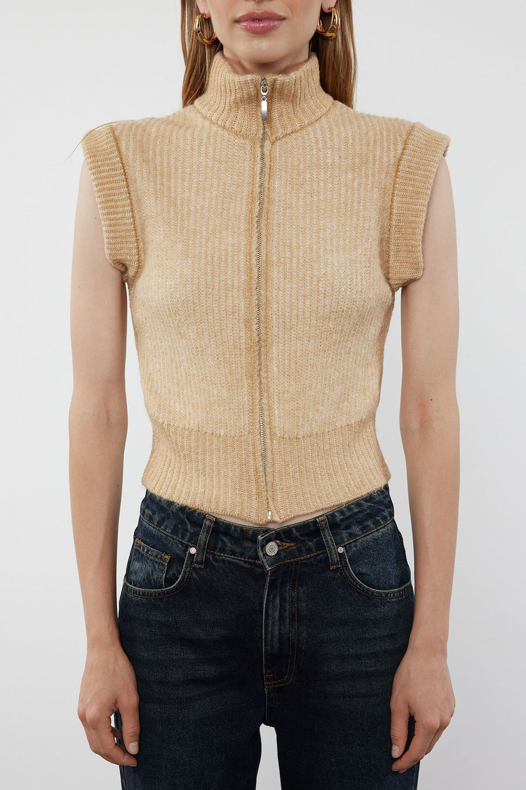 Bej Yumusak Dokulu Dik Yaka Fermuarl? Regular Yelek TWOAW25YE00033 - Trendyolmilla фото 3