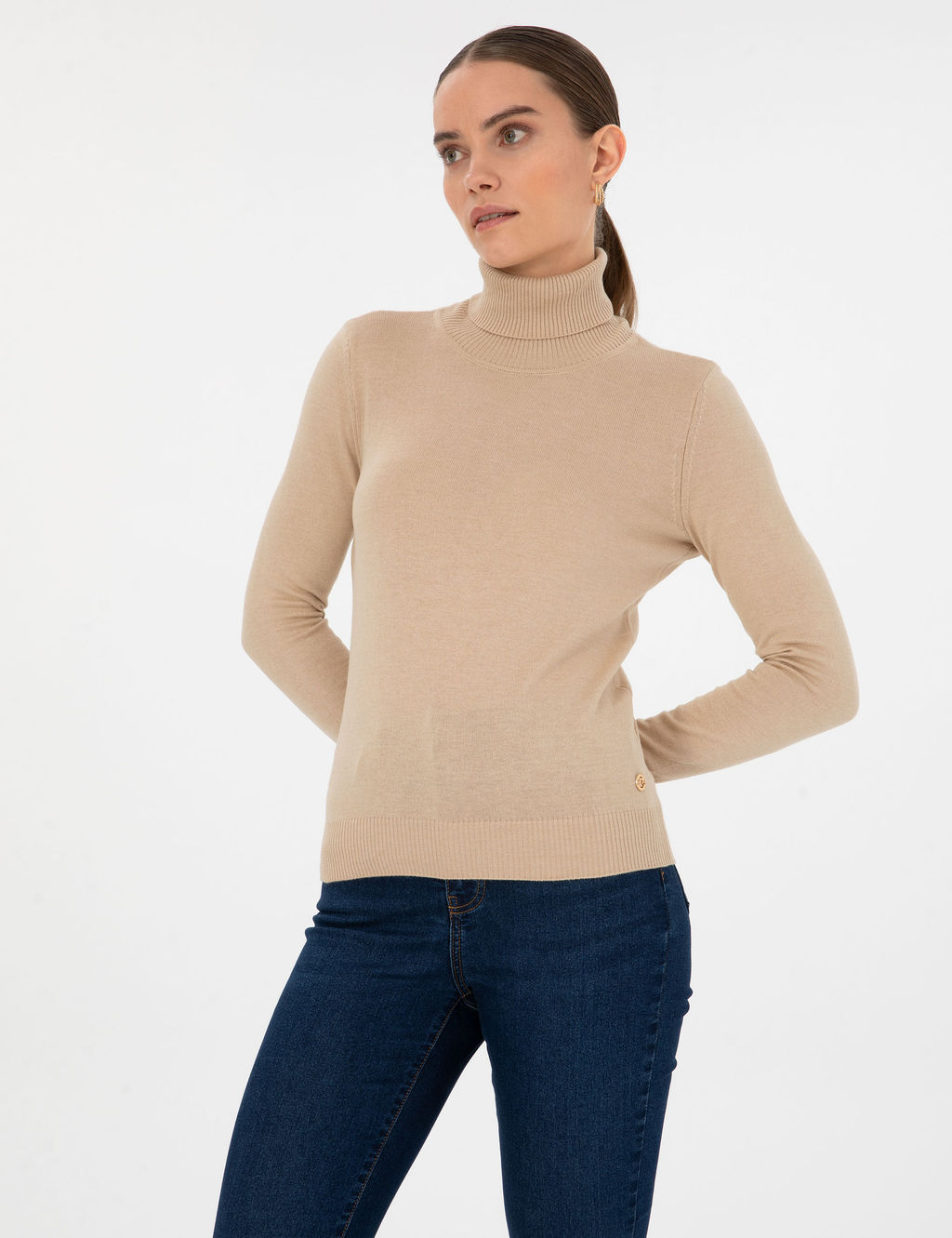 Bej Slim Fit Bal_k__ Yaka Basic Kazak