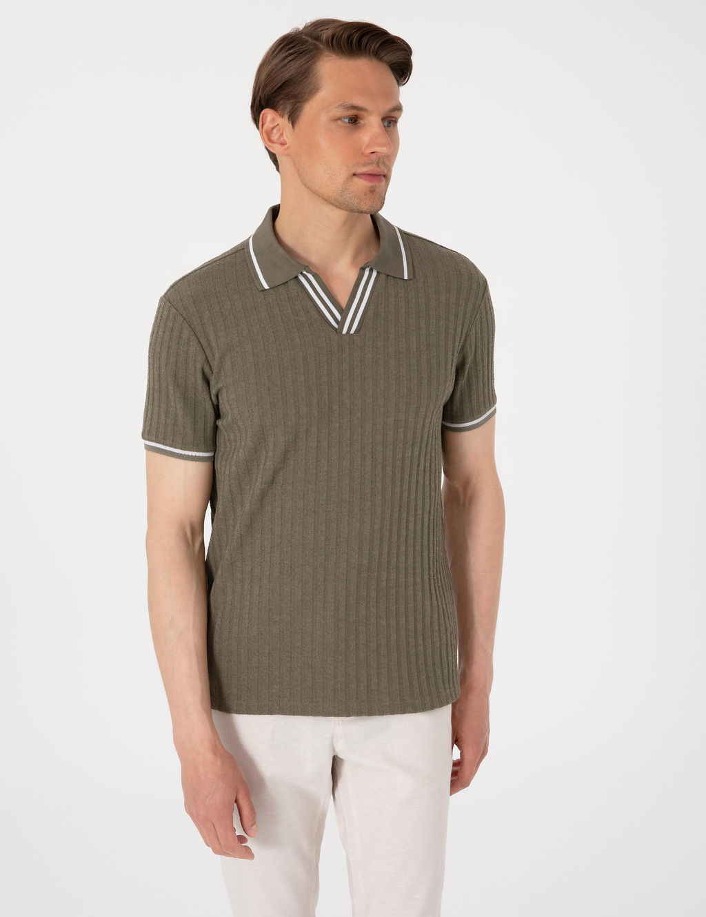 Haki Slim Fit _rme Dokulu Apa_ Yaka Ti__rt