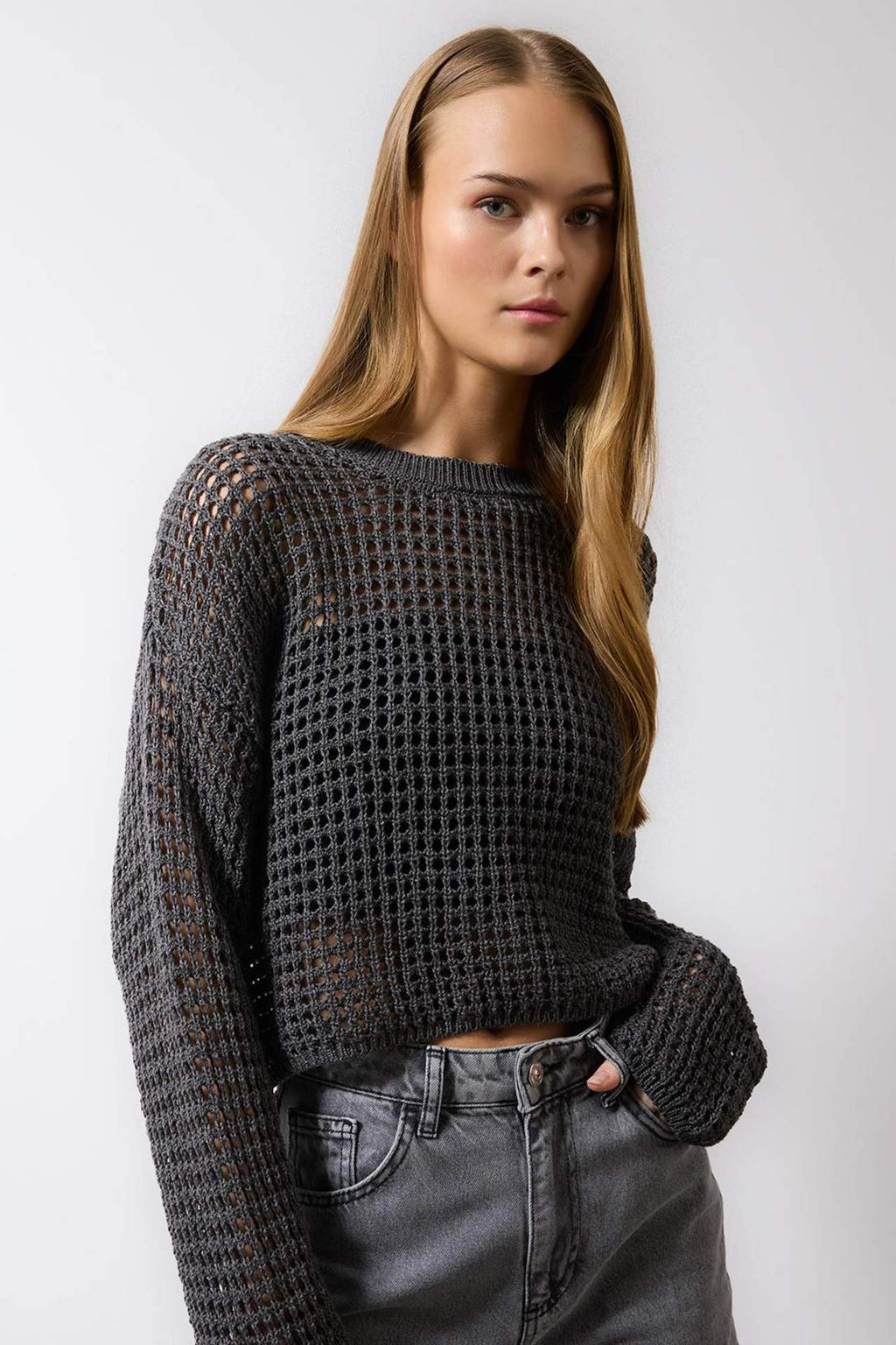 Regular Fit Bisiklet Yaka Krose Ajurlu Delikli Crop Triko Kazak - Defacto фото 7
